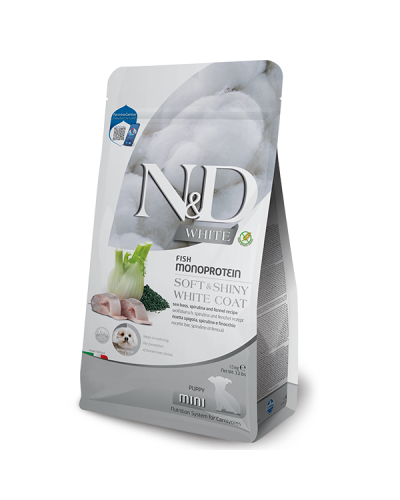 Сухой корм для щенков с белой шерстью Farmina N&D Grain Free WHITE PUPPY MINI с сибасом, спирулиной и фенхелем, 1,5 кг 44921