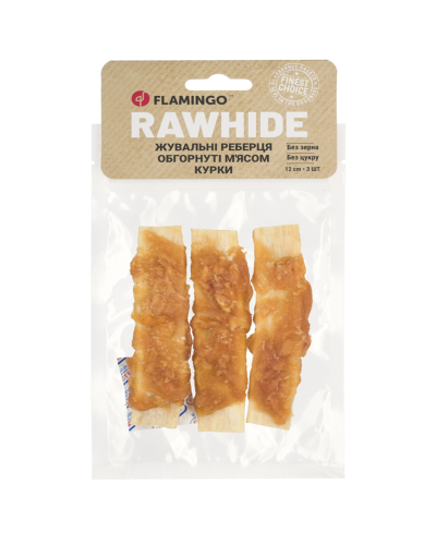 Flamingo ЖЕВАТЕЛЬНЫЕ РЕБЕРКИ ДЛЯ СОБАК ОБОБРНУТЫЕ МЯСОМ КУРКИ 12CM 3ST 90GR