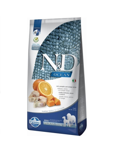 Фарміна дог сух N&D Grain Free OCEAN COD, PUMPKIN & ORANGE ADULT MEDIUM & MAXI з тріскою та апельсином, 12 kg 36568