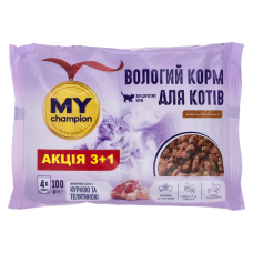 Мій чемпіон. Вологий корм Пауч для котів шматочки з Куркою та Телятиною 4 х 100г (Х/14/1008)
