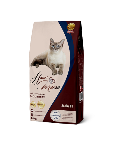 Полнорационный корм для взрослых кошек How Meow Adult Gourmet 15кг (ягненок, курица, рыба)