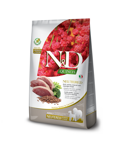 Сухий корм для дорослих собак Farmina N&D QUINOA NEUTERED для стер.собак середніх та великих порід, качка, кіноа, броколі та спаржа, 2,5 kg 40169