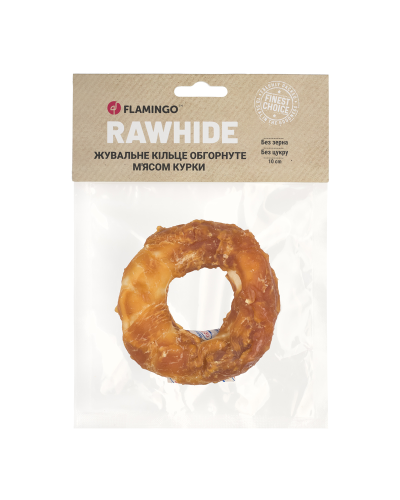 Flamingo ЖЕВАТЕЛЬНОЕ КОЛЬЦО ДЛЯ СОБАК ОБОРУТНО МЯСОМ КУРКИ 10CM 100g