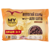 Мой чемпион. Влажный корм Пауч для кошек кусочки с Курицей и Индейкой 4 х 100г (Х/14/1008)