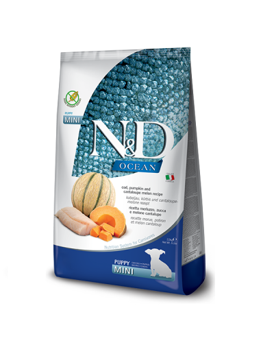 Сухий корм для цуценят малих порід Farmina  N&D Grain Free OCEAN COD, PUMPKIN & CANTALOUPE MELON PUPPY MINI з тріскою та динею 2,5 kg 38791