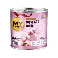Мой чемпион. Влажный корм для кошек кусочки с курицей и печенью 415г.