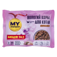 Мой чемпион. Влажный корм Пауч для кошек кусочки с курицей и печенью 4 х 100г (Х/14/1008)