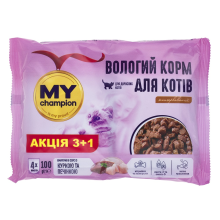 Мой чемпион. Влажный корм Пауч для кошек кусочки с курицей и печенью 4 х 100г (Х/14/1008)