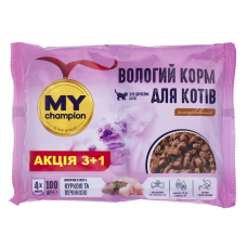 Мій чемпіон. Вологий корм Пауч для котів шматочки з Куркою та Печінкою 4 х 100г (Х/14/1008)