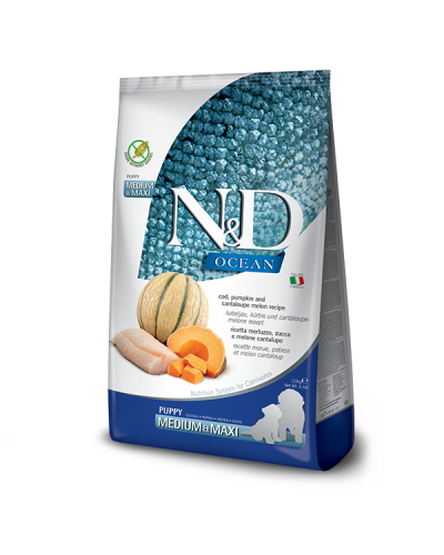 Сухой корм для собак cредних пород Farmina N&D  Grain Free OCEAN COD, PUMPKIN & CANTALOUPE MELON PUPPY MEDIUM & MAXI с треской и дыней, 2,5 kg 38807