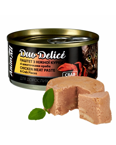 АнимАлл влажный корм для кошек. Duo Delice. Паштет из курицы с кусочками краба 80 г