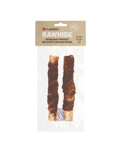 Flamingo ЖЕВАТЕЛЬНЫЕ РЕБЕРКИ ДЛЯ СОБАК ОБОБРНУТЫЕ МЯСОМ УТКИ 17CM 2ST 110GR