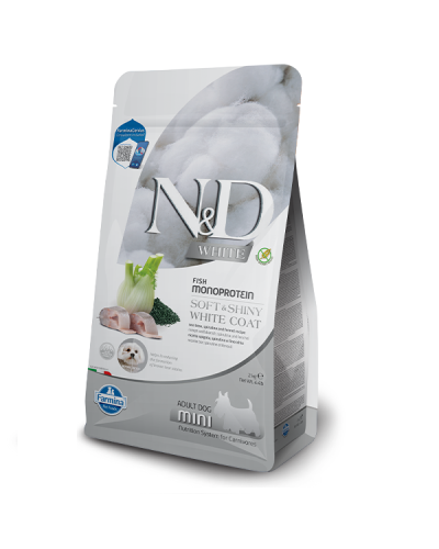 Сухий корм для цуценят з білою шерстю малих порід Farmina N&D Grain Free WHITE ADULT MINI з сібасом, спіруліною та фенхелем, 2 кг 41012