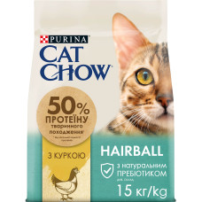 Сухий корм CAT CHOW Hairball для дорослих котів для зменшення утворення кульок шерсті у травному тракті, з куркою, 15 кг