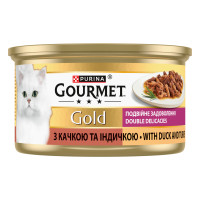 Вологий корм GOURMET Gold “Подвійне задоволення” для дорослих котів, шматочки у підливці, з качкою та індичкою, 85 г