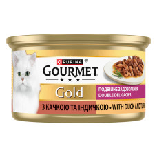 Вологий корм GOURMET Gold “Подвійне задоволення” для дорослих котів, шматочки у підливці, з качкою та індичкою, 85 г