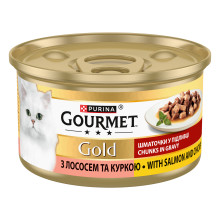 Вологий корм GOURMET Gold для дорослих котів, шматочки у підливці, з лососем та куркою, 85 г