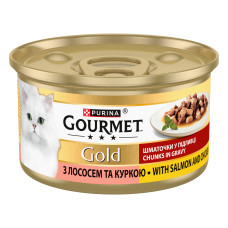 Вологий корм GOURMET Gold для дорослих котів, шматочки у підливці, з лососем та куркою, 85 г