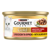 Вологий корм GOURMET Gold для дорослих котів, шматочки у підливці, з лососем та куркою, 85 г