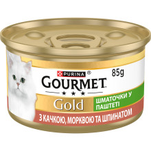 Вологий корм GOURMET Gold для дорослих котів, шматочки у паштеті, з качкою, морквою та шпинатом, 85 г