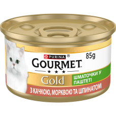 Вологий корм GOURMET Gold для дорослих котів, шматочки у паштеті, з качкою, морквою та шпинатом, 85 г