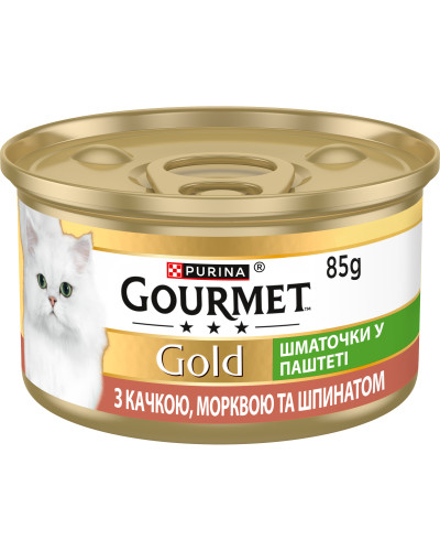 Вологий корм GOURMET Gold для дорослих котів, шматочки у паштеті, з качкою, морквою та шпинатом, 85 г