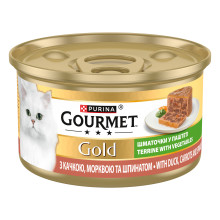 Вологий корм GOURMET Gold для дорослих котів, шматочки у паштеті, з качкою, морквою та шпинатом, 85 г