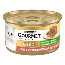 Вологий корм GOURMET Gold для дорослих котів, шматочки у паштеті, з качкою, морквою та шпинатом, 85 г