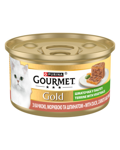 Вологий корм GOURMET Gold для дорослих котів, шматочки у паштеті, з качкою, морквою та шпинатом, 85 г