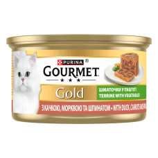 Вологий корм GOURMET Gold для дорослих котів, шматочки у паштеті, з качкою, морквою та шпинатом, 85 г
