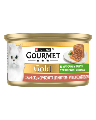 Вологий корм GOURMET Gold для дорослих котів, шматочки у паштеті, з качкою, морквою та шпинатом, 85 г