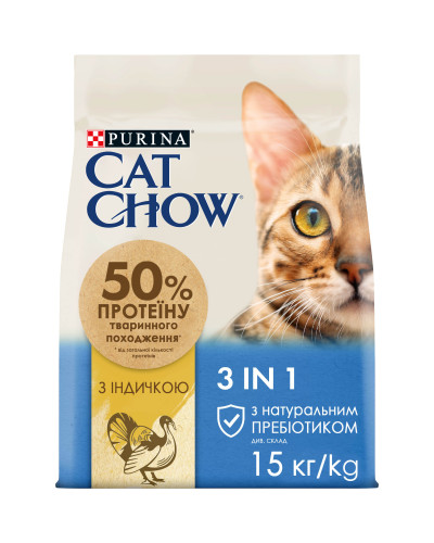 Сухий корм CAT CHOW Feline 3-in-1 для дорослих котів, з формулою потрійної дії, з куркою, 15 кг
