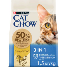 Сухий корм CAT CHOW Feline 3-in-1 для дорослих котів, з формулою потрійної дії, з куркою, 1,5 кг