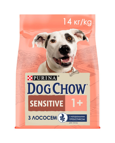 Сухой корм DOG CHOW Sensitive Adult 1+ для взрослых собак склонных к аллергии, с лососем, 14 кг