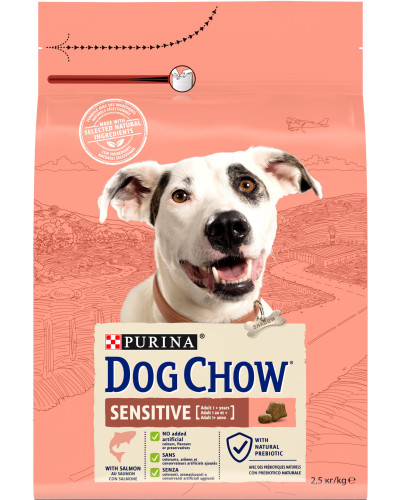Сухой корм DOG CHOW Sensitive Adult 1+ для взрослых собак склонных к аллергии, с лососем, 2,5 кг