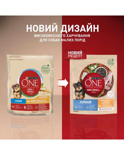 Сухой корм PURINA ONE Mini/Small Junior для щенков мелких пород, с курицей, 800 г
