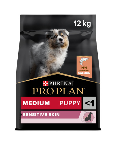 Сухой корм PRO PLAN Medium Puppy 1 Sensitive Skin для щенков средних пород с чувствительной кожей, с лососем, 12 кг