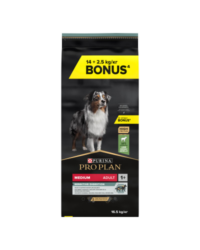 Сухий корм PRO PLAN Medium Adult 1+ Sensitive Digestion для дорослих собак середніх порід, з чутливим травленням, з ягням, 16,5 кг