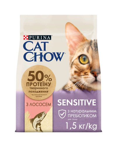 Сухий корм CAT CHOW Sensitive для дорослих котів із чутливою шкірою та травленням, з лососем, 1,5 кг
