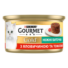 Вологий корм GOURMET Gold "Ніжні биточки" для дорослих кішок, з яловичиною та томатами, 85 г