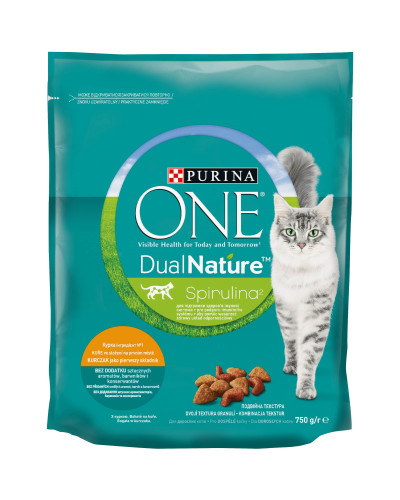 Сухий корм PURINA ONE Adult Dual Nature Spirulina для дорослих котів, з куркою, 750 г