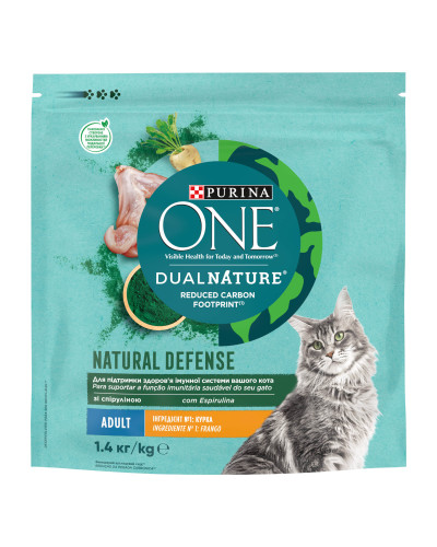Сухий корм PURINA ONE Adult Dual Nature Spirulina для дорослих котів, з куркою, 1,4 кг