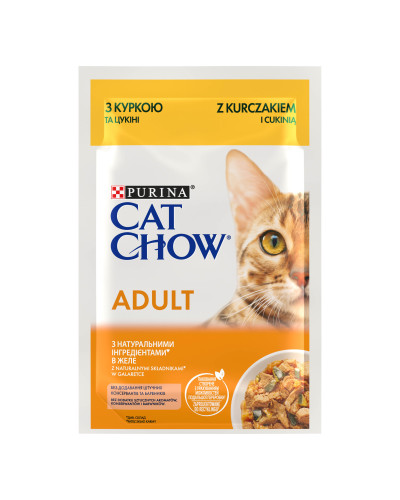Вологий корм CAT CHOW Adult для дорослих котів, шматочки в желе, з куркою та цукіні, 85 г