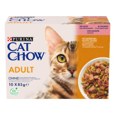 Вологий корм CAT CHOW Adult для дорослих котів, шматочки в желе, з лососем та зеленою квасолею, 10x85 г