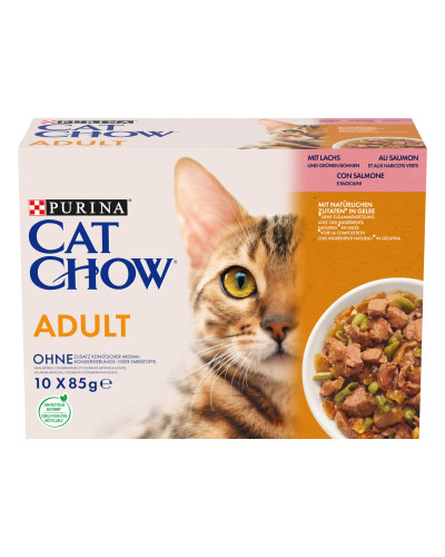 Вологий корм CAT CHOW Adult для дорослих котів, шматочки в желе, з лососем та зеленою квасолею, 10x85 г