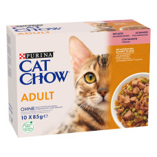 Вологий корм CAT CHOW Adult для дорослих котів, шматочки в желе, з лососем та зеленою квасолею, 10x85 г