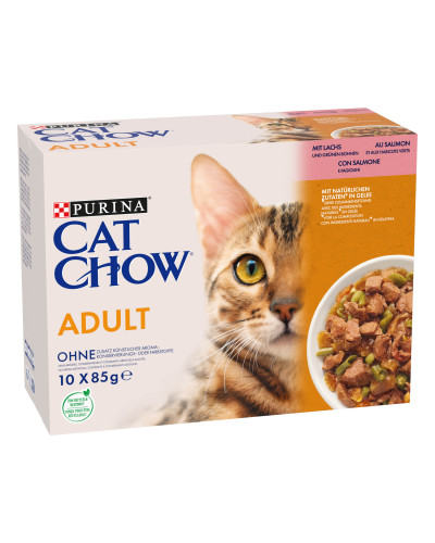 Вологий корм CAT CHOW Adult для дорослих котів, шматочки в желе, з лососем та зеленою квасолею, 10x85 г