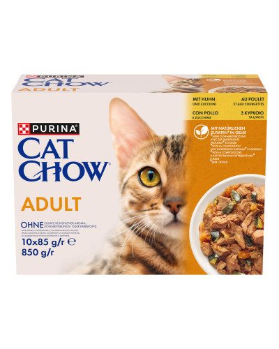 Вологий корм CAT CHOW Adult для дорослих котів, шматочки в желе, з куркою та цукіні, 10x85 г