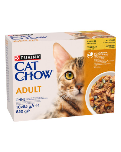 Вологий корм CAT CHOW Adult для дорослих котів, шматочки в желе, з куркою та цукіні, 10x85 г