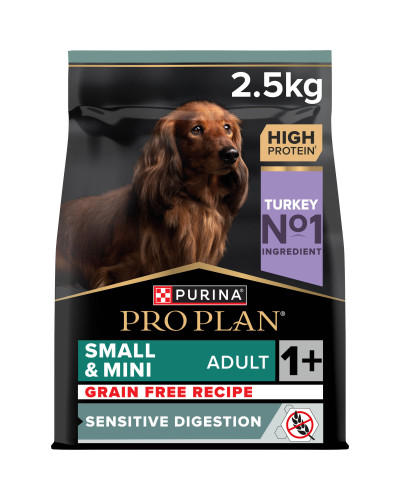 Сухой корм PRO PLAN Small and Mini Adult 1+ Sensitive Digestion, с чувствительным пищеварением, беззерновой, с индейкой, 2,5 кг